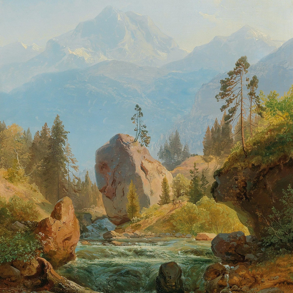 Hand-painted mountain stream with pine and snow peaks landscape oil painting on canvas