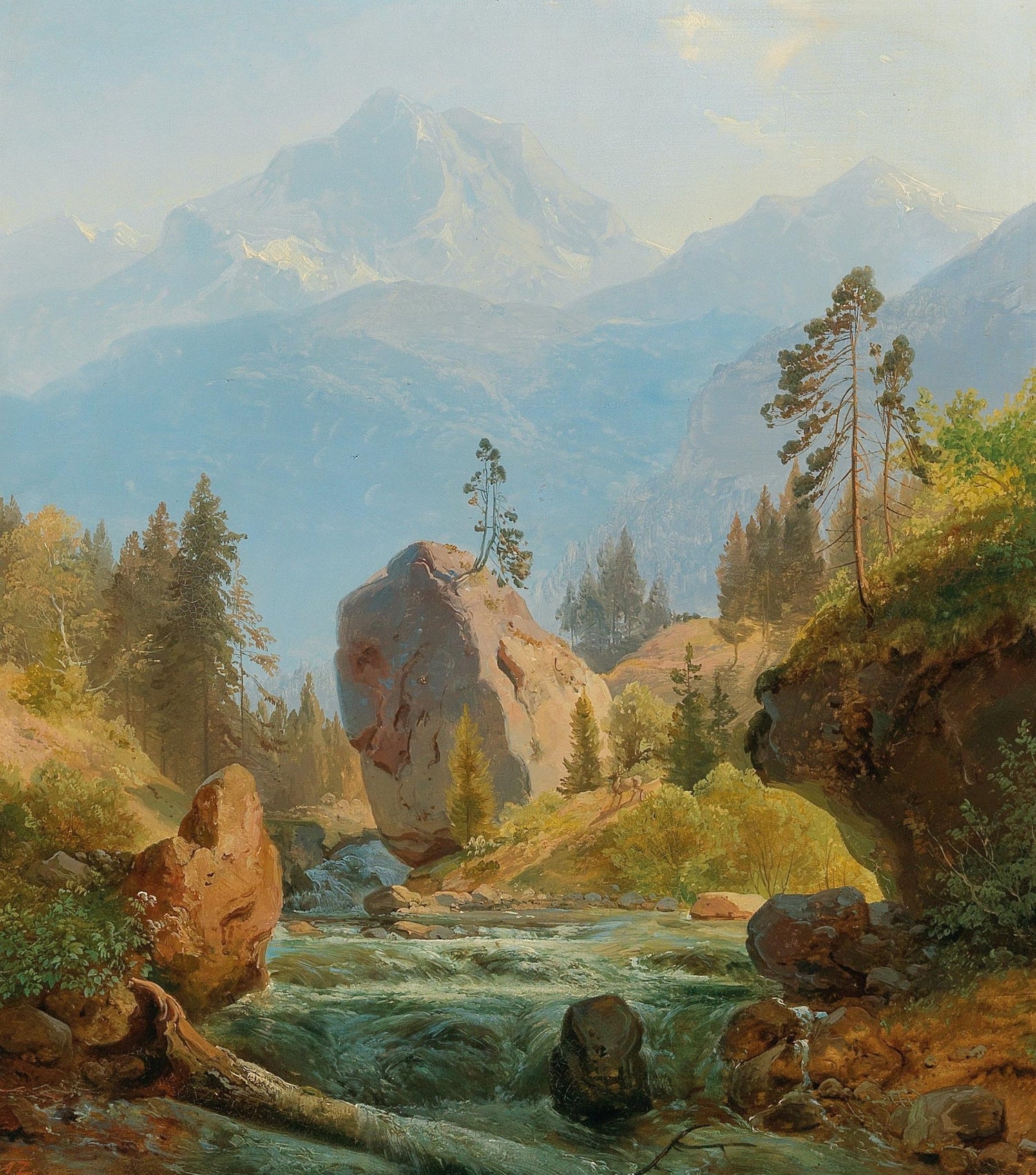 Hand-painted mountain stream with pine and snow peaks landscape oil painting on canvas