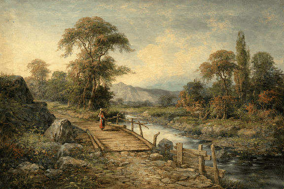 Landscape Oil Painting - Mountain Stream with Rustic Bridge - Oil Painting Haven