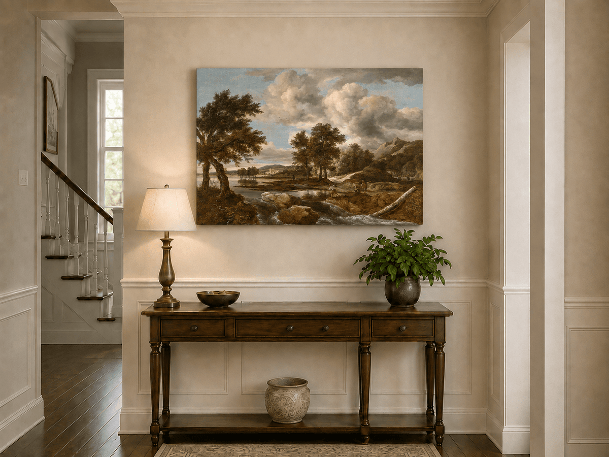 Peinture à l'huile de paysage - Gouffre rocheux spectaculaire avec personnages