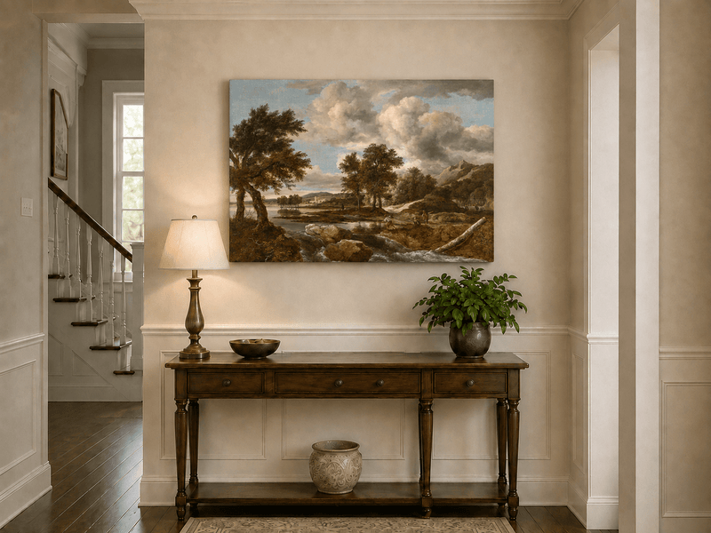 Peinture à l'huile de paysage - Gouffre rocheux spectaculaire avec personnages