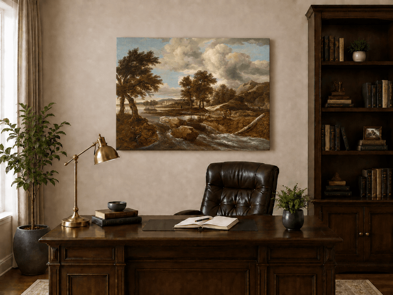 Peinture à l'huile de paysage - Gouffre rocheux spectaculaire avec personnages
