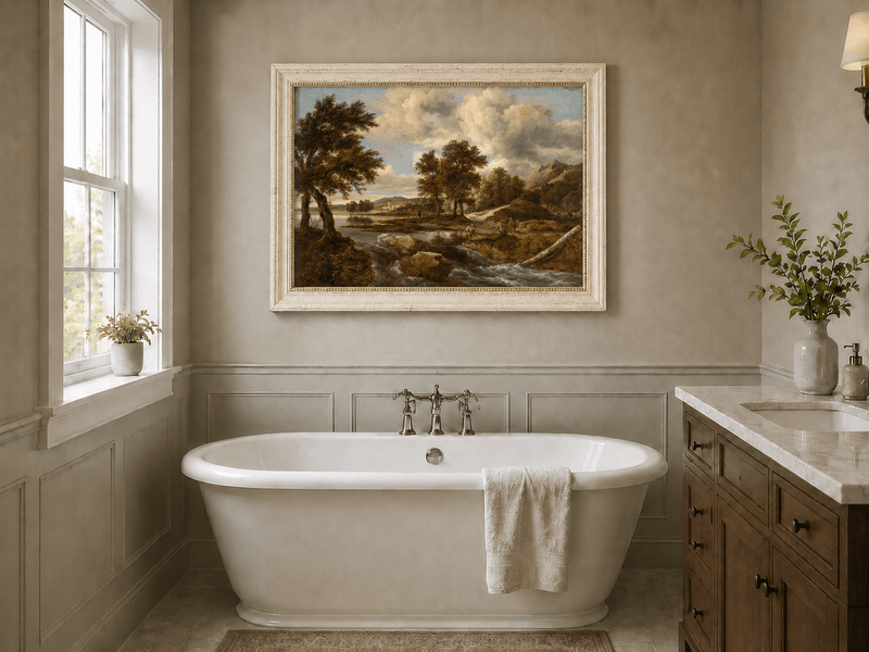 Peinture à l'huile de paysage - Gouffre rocheux spectaculaire avec personnages