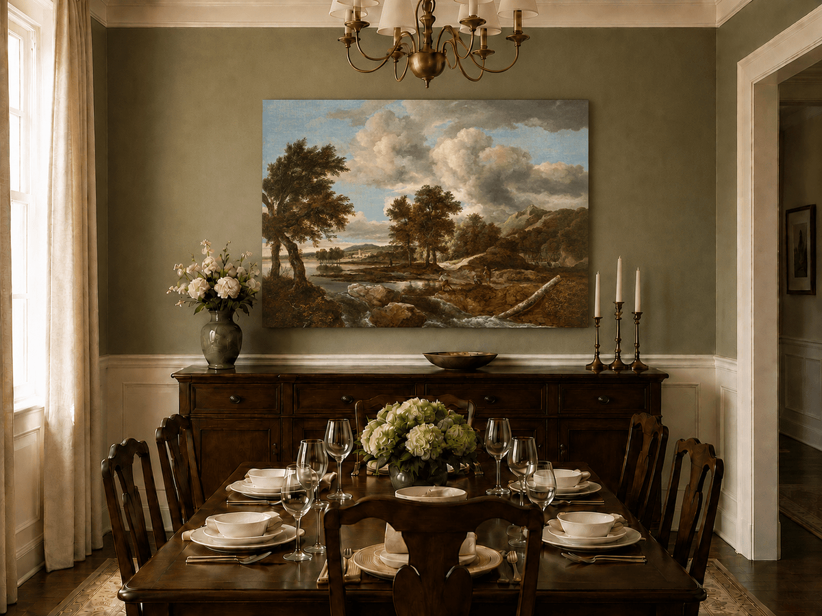 Peinture à l'huile de paysage - Gouffre rocheux spectaculaire avec personnages