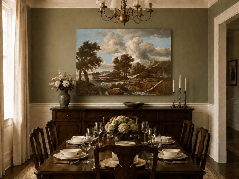 Peinture à l'huile de paysage - Gouffre rocheux spectaculaire avec personnages