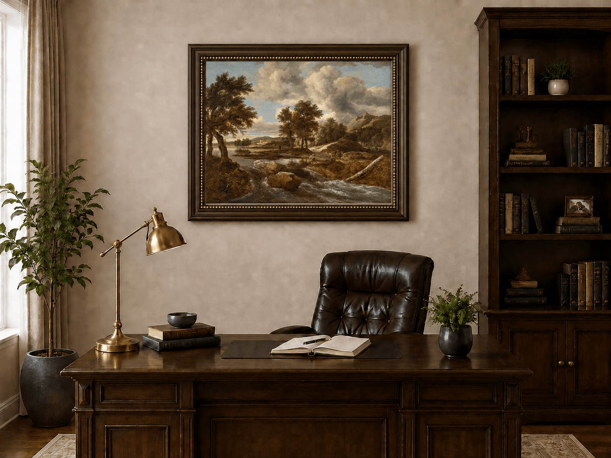 Peinture à l'huile de paysage - Gouffre rocheux spectaculaire avec personnages
