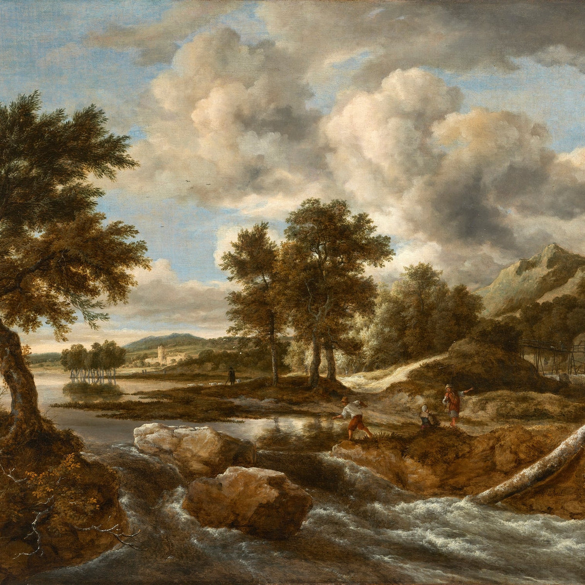 Landscape Oil Painting - Mountain Stream with Trees and Figures - Oil Painting Haven