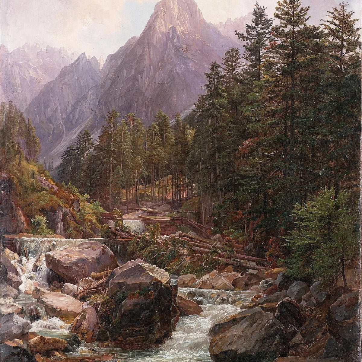 Landscape Oil Painting - Mountain Stream with Waterfall & Trees - Oil Painting Haven