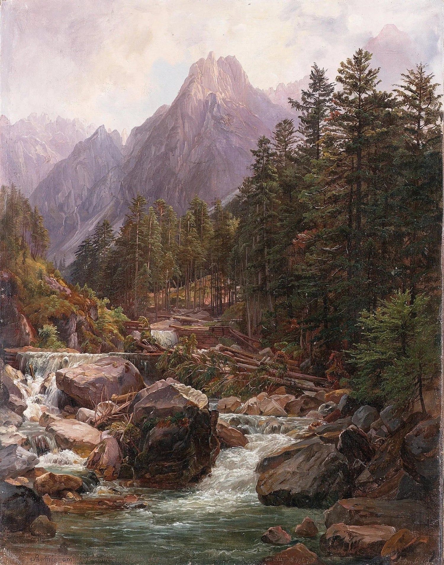 Landscape Oil Painting - Mountain Stream with Waterfall & Trees - Oil Painting Haven