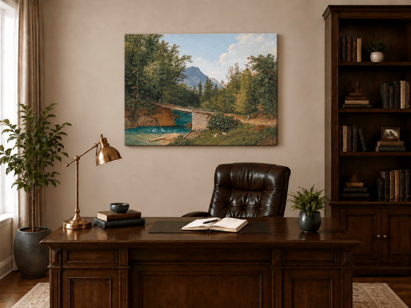 Landscape Oil Painting - Mountain Stream Wooden Bridge & Figures