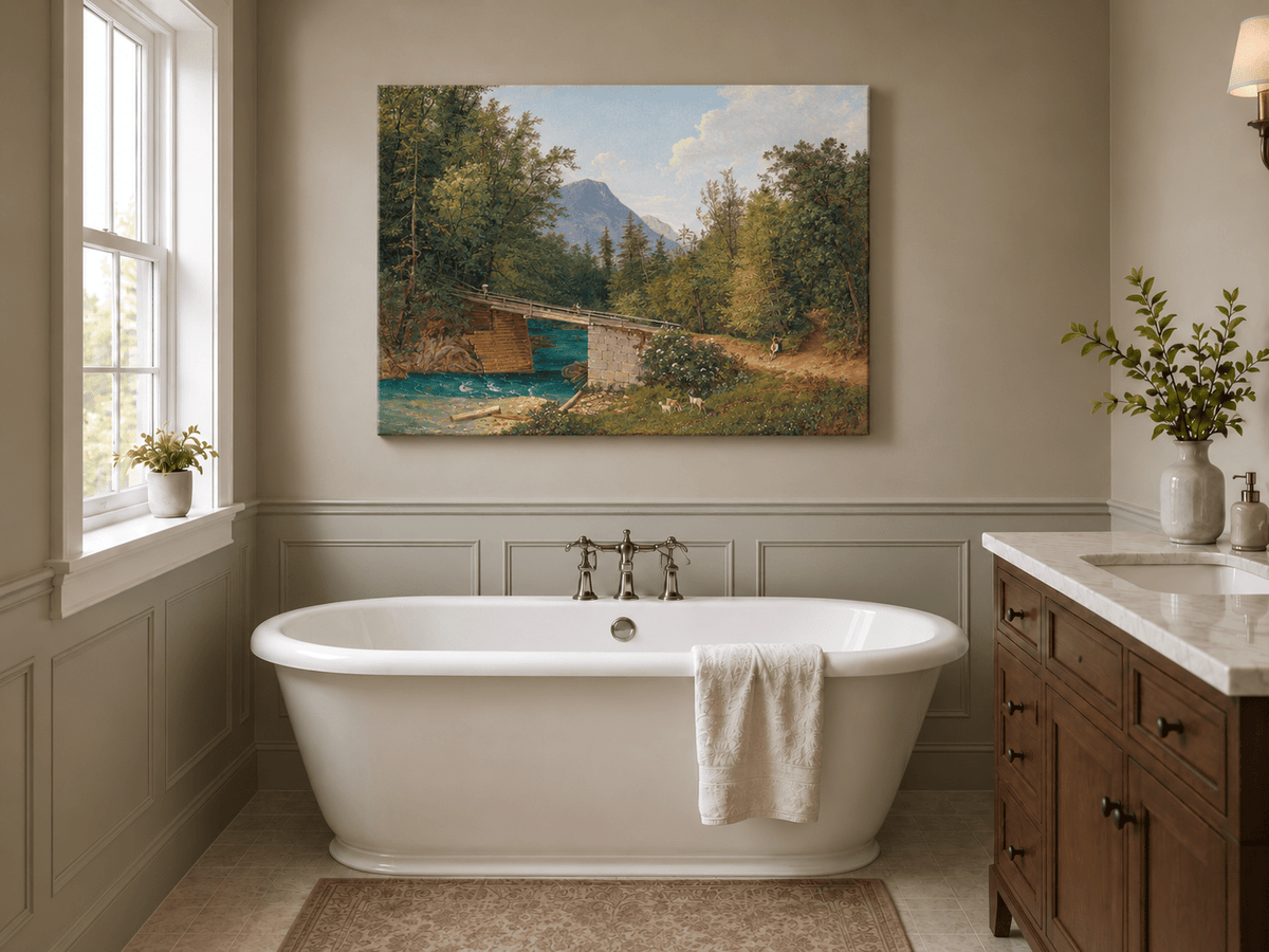 Landscape Oil Painting - Mountain Stream Wooden Bridge & Figures