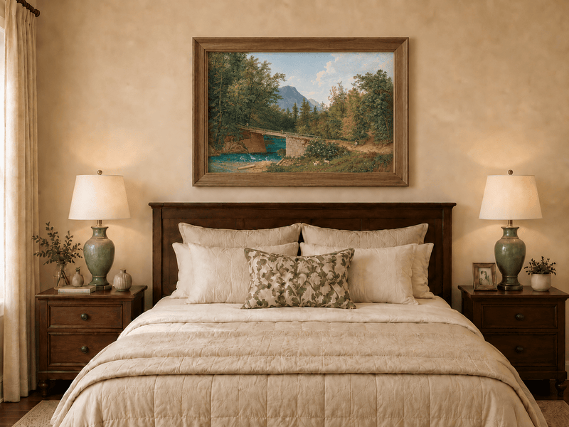 Landscape Oil Painting - Mountain Stream Wooden Bridge & Figures