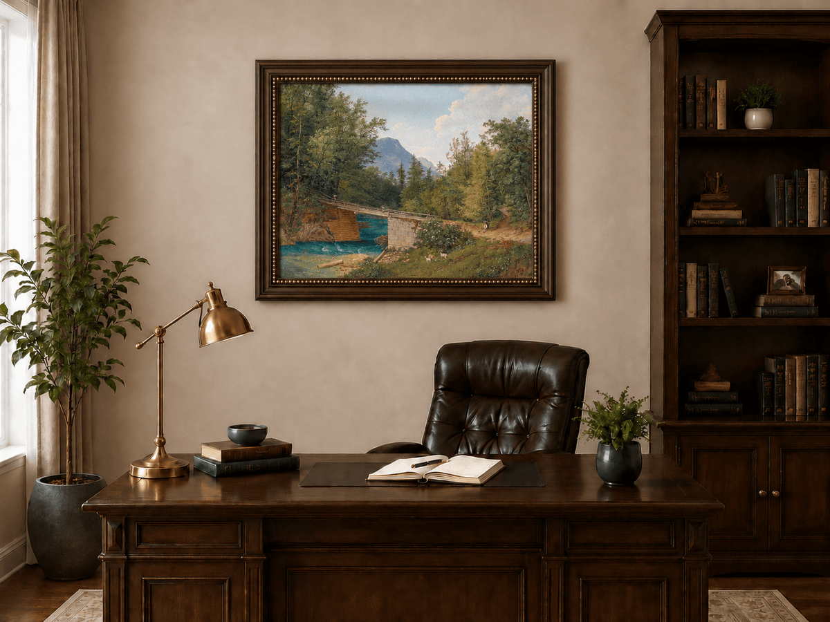 Landscape Oil Painting - Mountain Stream Wooden Bridge & Figures
