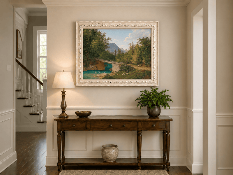 Landscape Oil Painting - Mountain Stream Wooden Bridge & Figures