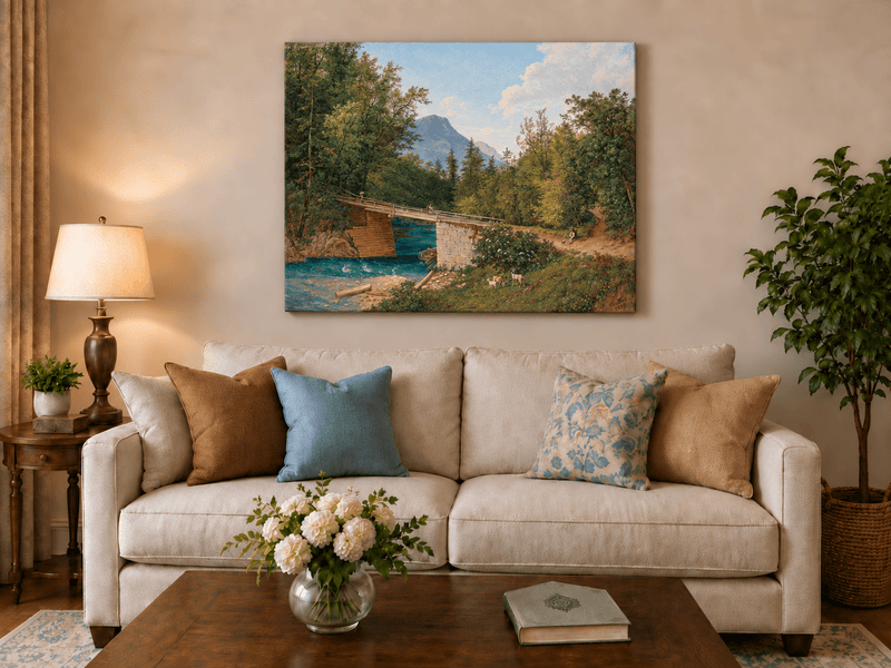 Landscape Oil Painting - Mountain Stream Wooden Bridge & Figures