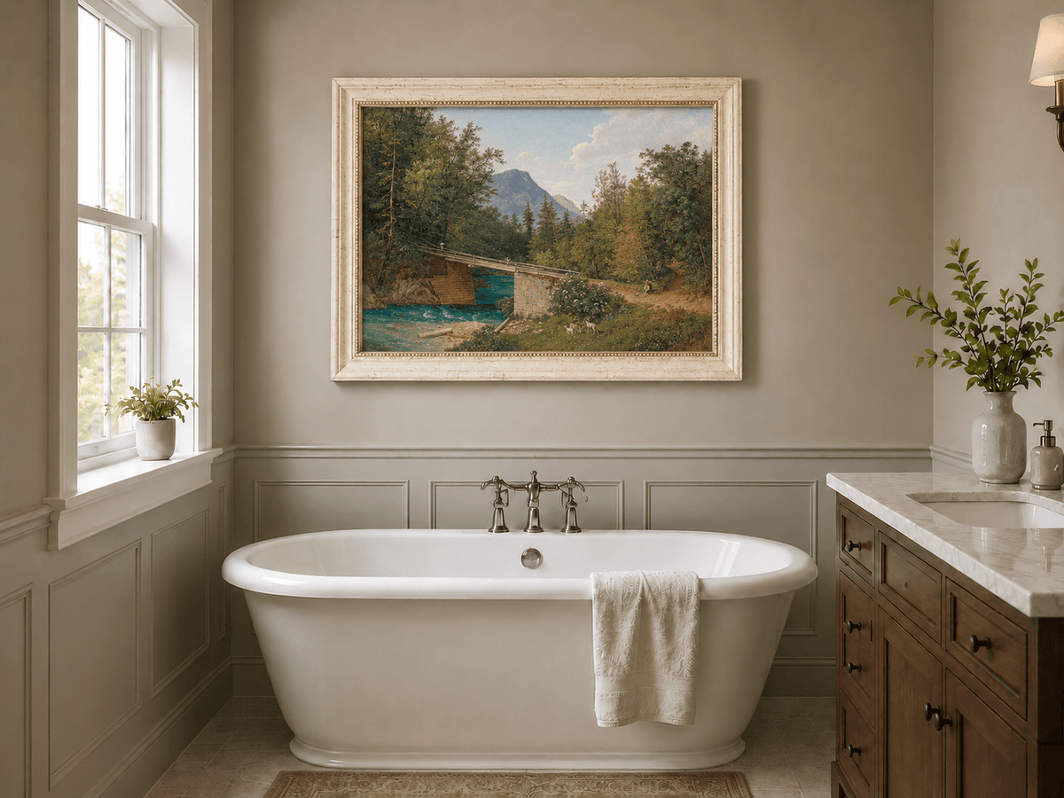 Landscape Oil Painting - Mountain Stream Wooden Bridge & Figures