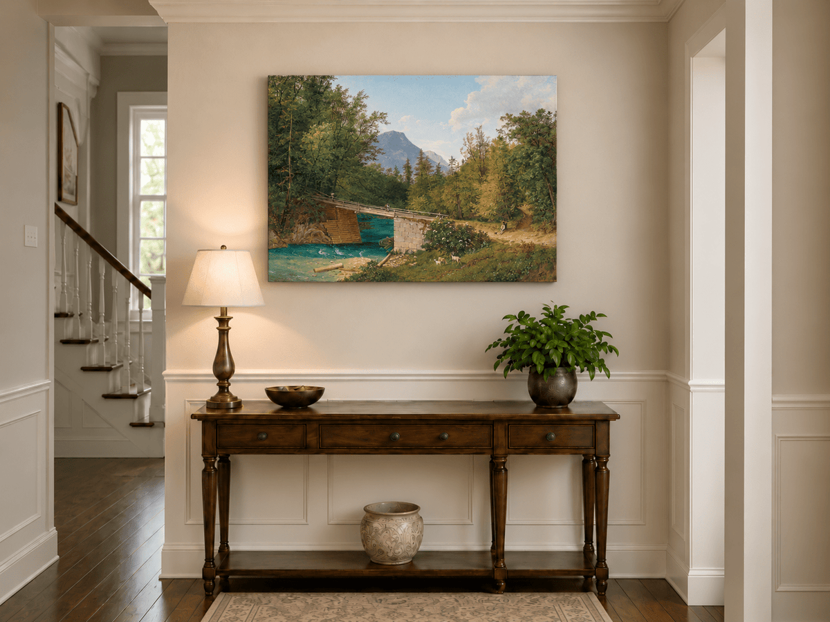 Landscape Oil Painting - Mountain Stream Wooden Bridge & Figures
