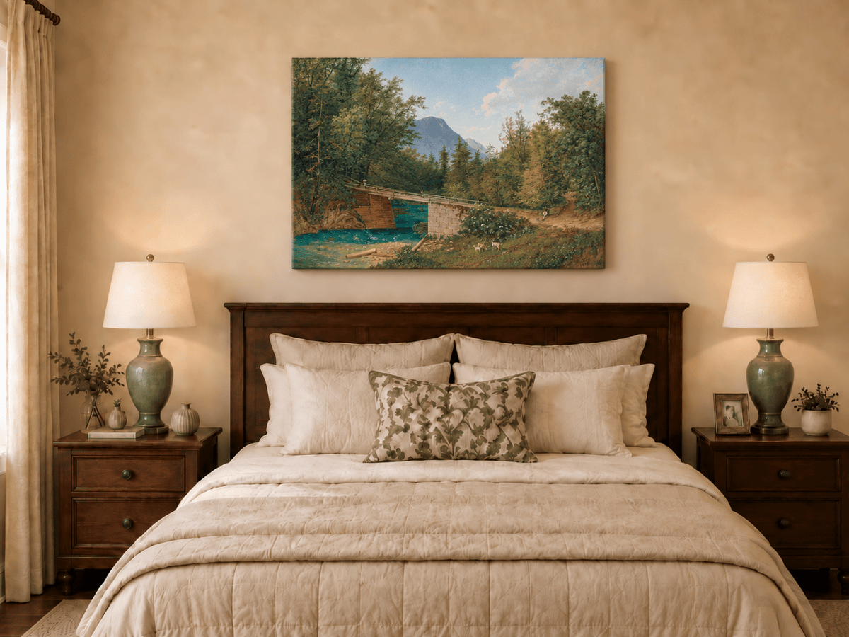Landscape Oil Painting - Mountain Stream Wooden Bridge & Figures