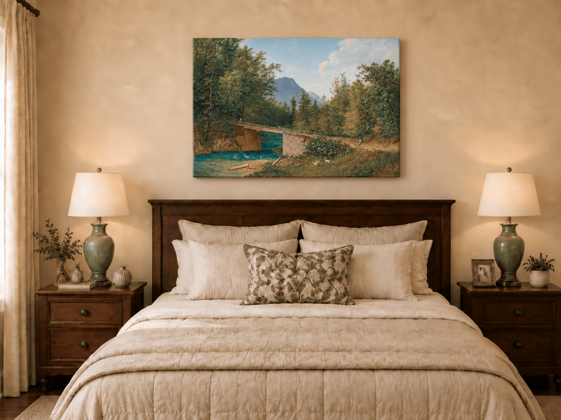 Landscape Oil Painting - Mountain Stream Wooden Bridge & Figures