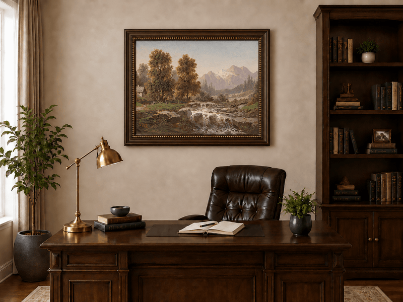 Pintura al óleo de paisaje: arroyo de montaña, valle boscoso
