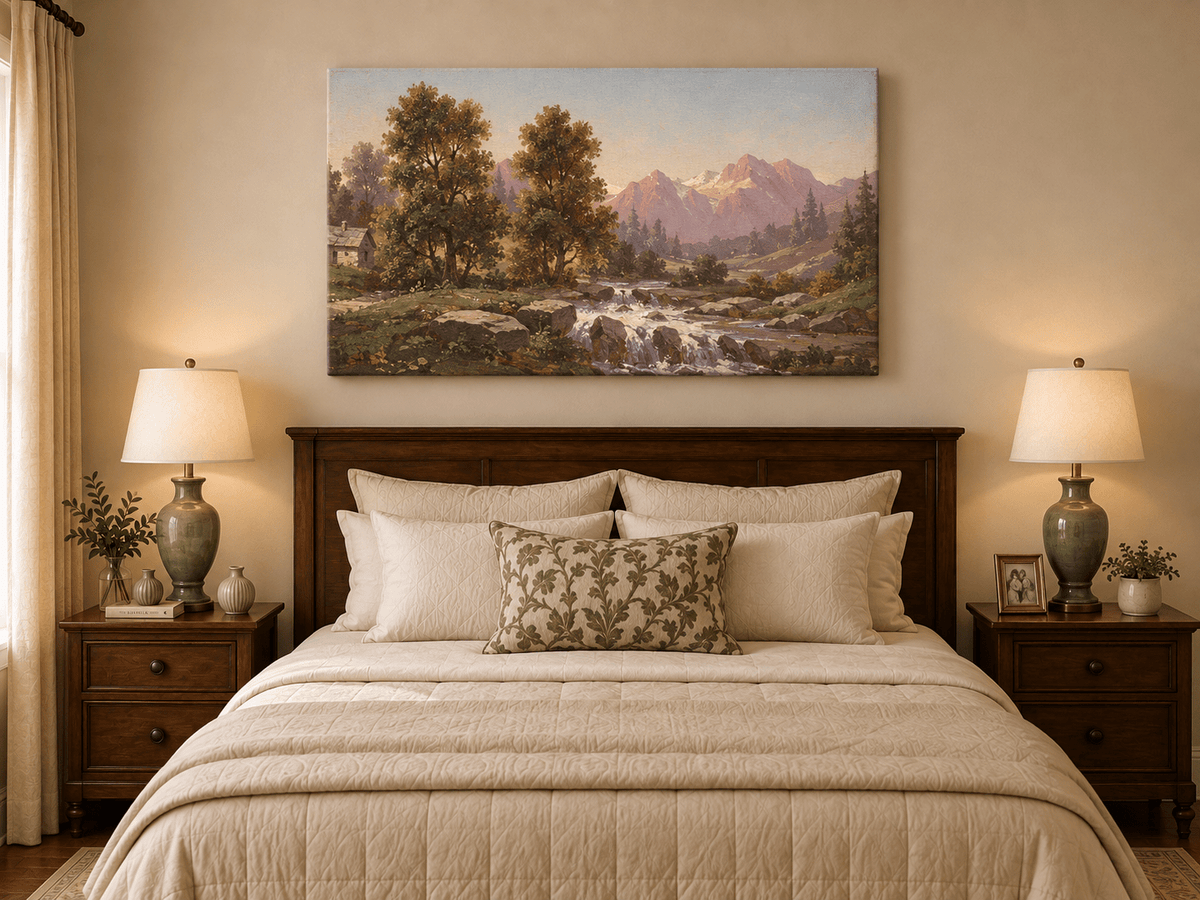 Pintura al óleo de paisaje: arroyo de montaña, valle boscoso