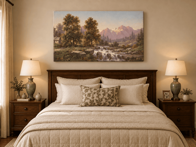 Pintura al óleo de paisaje: arroyo de montaña, valle boscoso