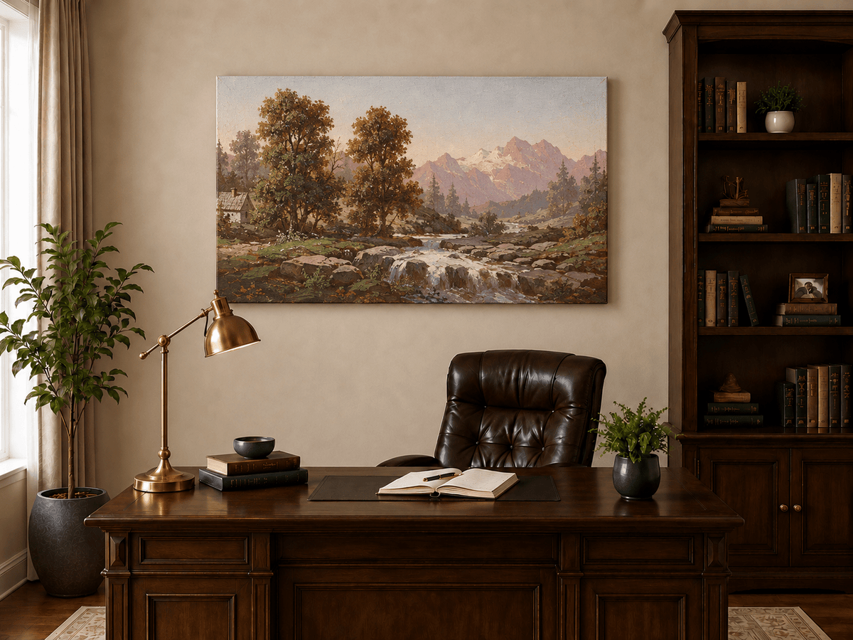 Pintura al óleo de paisaje: arroyo de montaña, valle boscoso