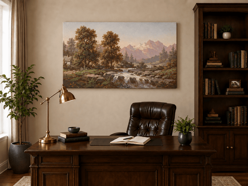 Pintura al óleo de paisaje: arroyo de montaña, valle boscoso