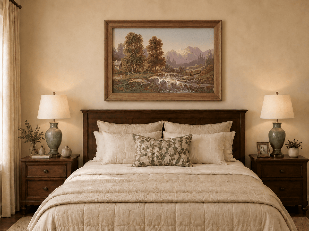 Pintura al óleo de paisaje: arroyo de montaña, valle boscoso