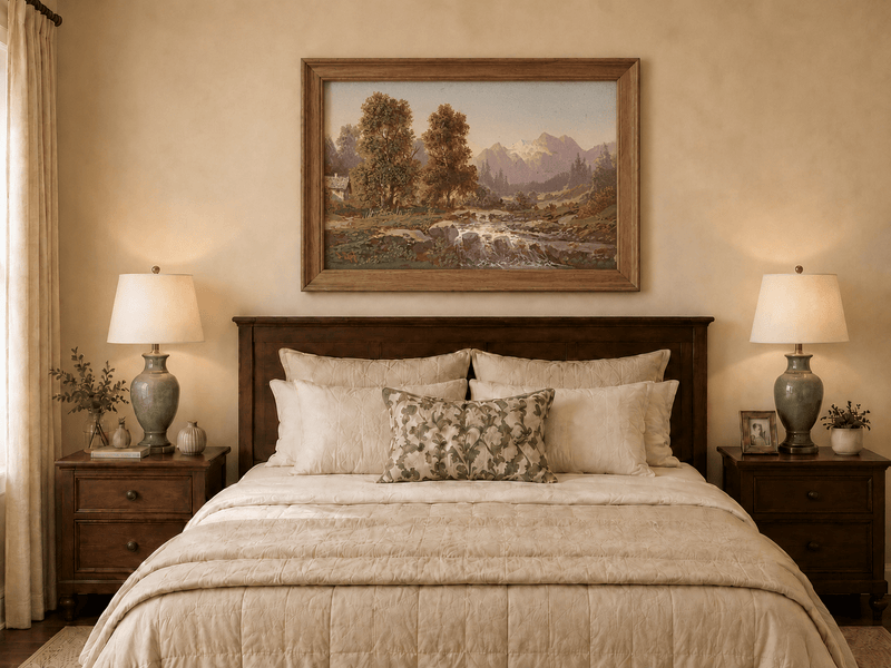 Pintura al óleo de paisaje: arroyo de montaña, valle boscoso
