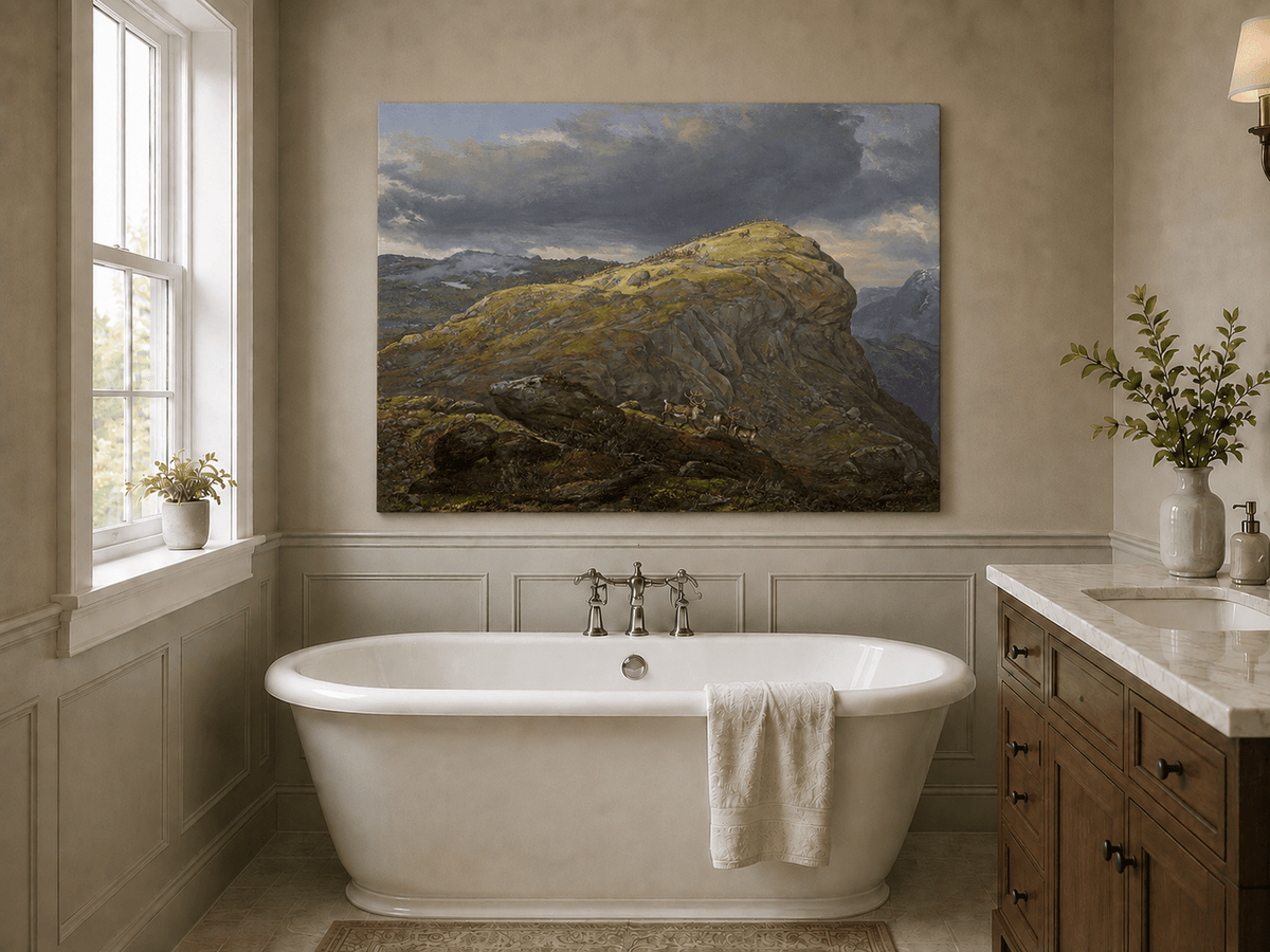 Mountain top with reindeer and dramatic sky landscape oil painting presented as styled home decor.