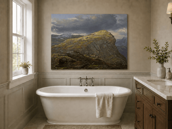 Mountain top with reindeer and dramatic sky landscape oil painting presented as styled home decor.
