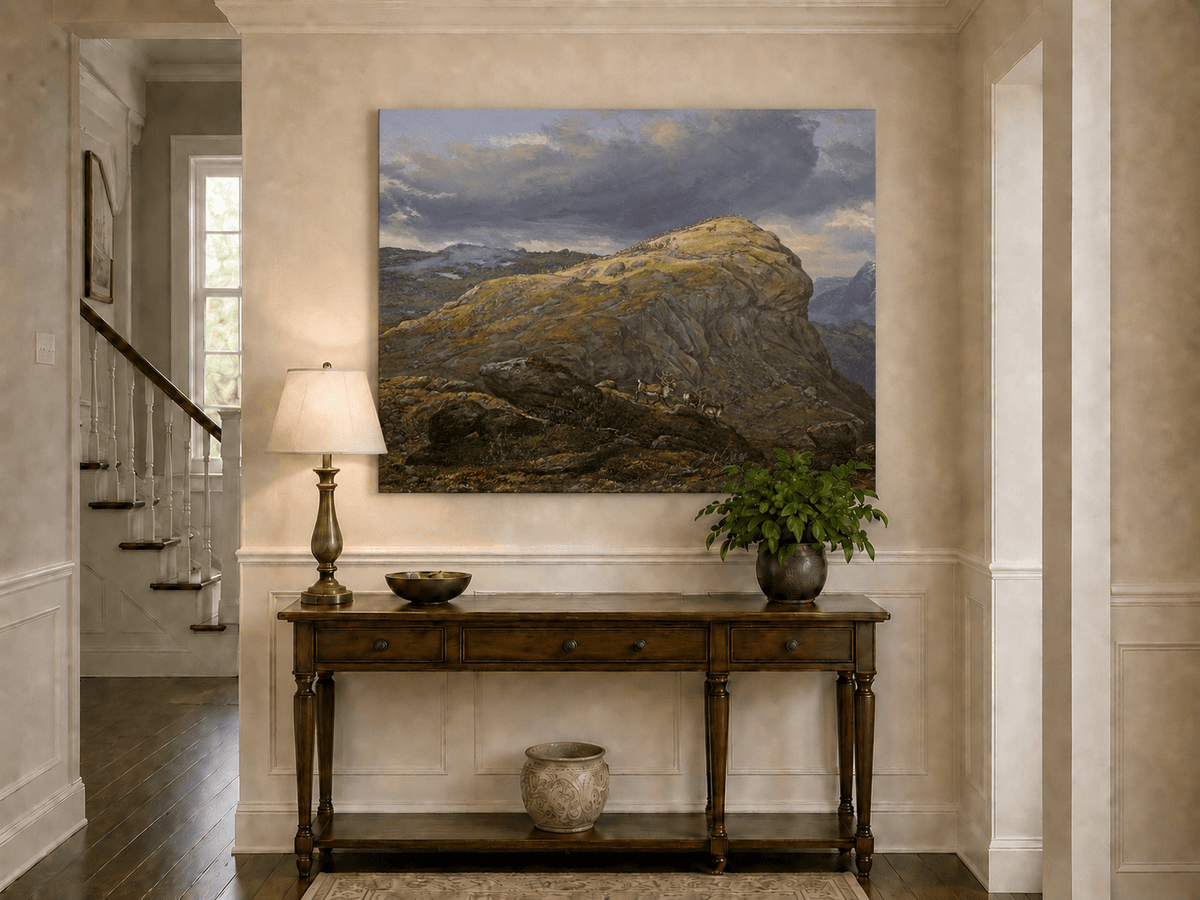 Mountain top under dramatic skies landscape painting shown as decorative oil wall art.