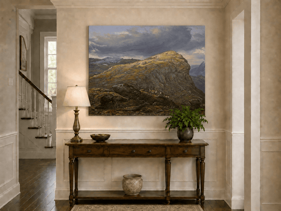 Mountain top under dramatic skies landscape painting shown as decorative oil wall art.