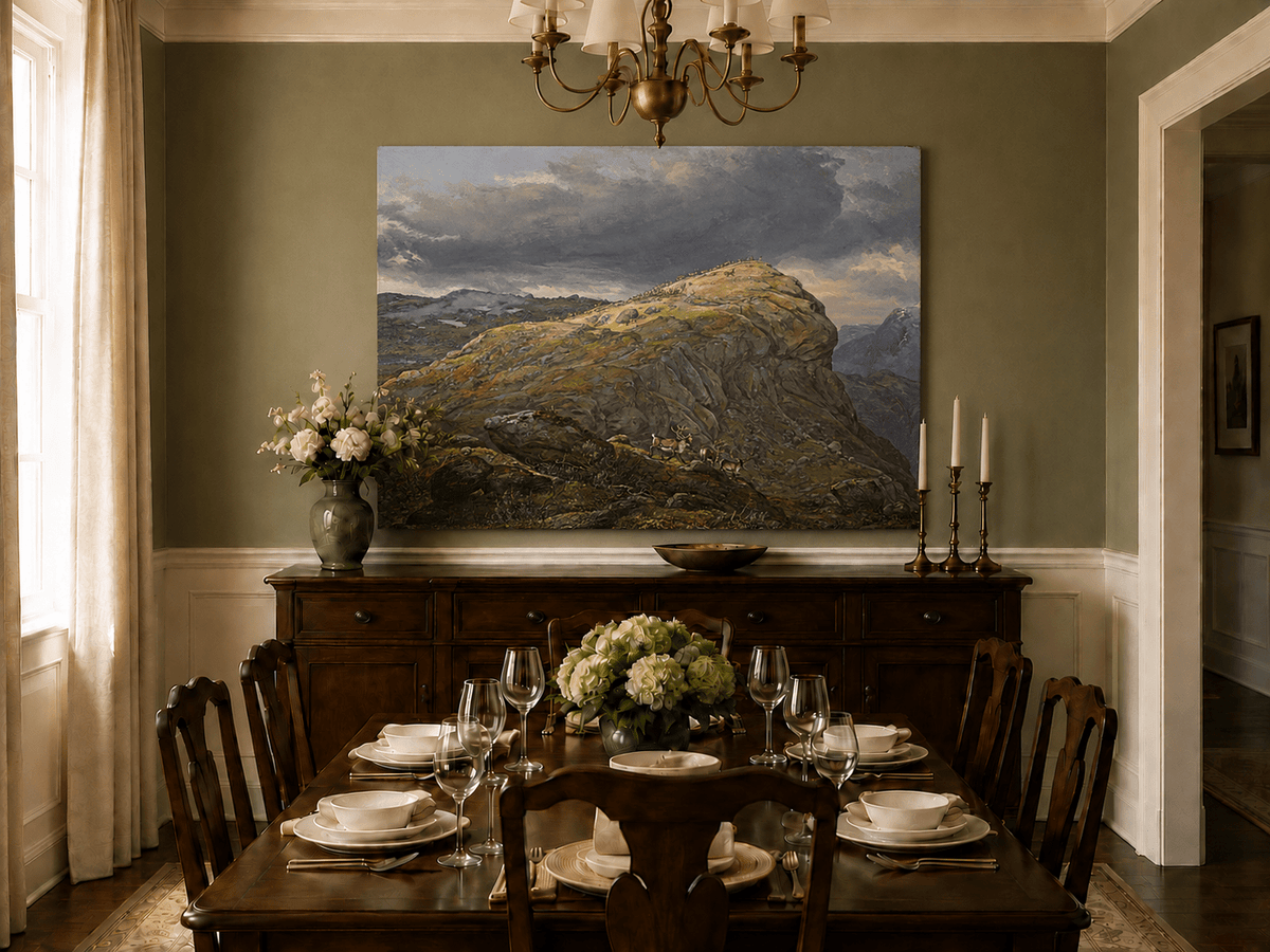 Hand-painted mountain top and reindeer landscape artwork in an interior display.