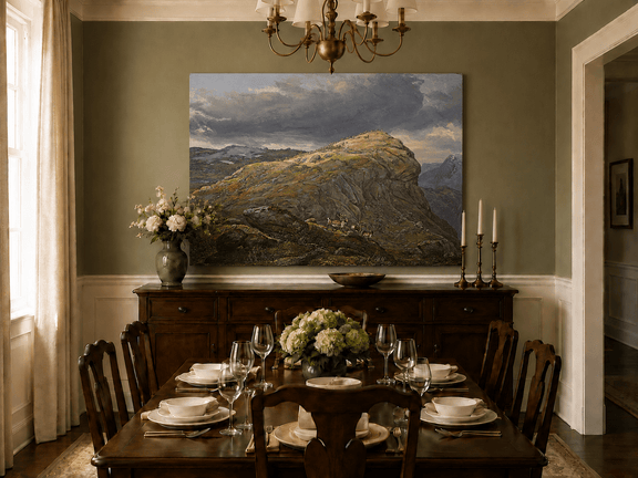 Hand-painted mountain top and reindeer landscape artwork in an interior display.