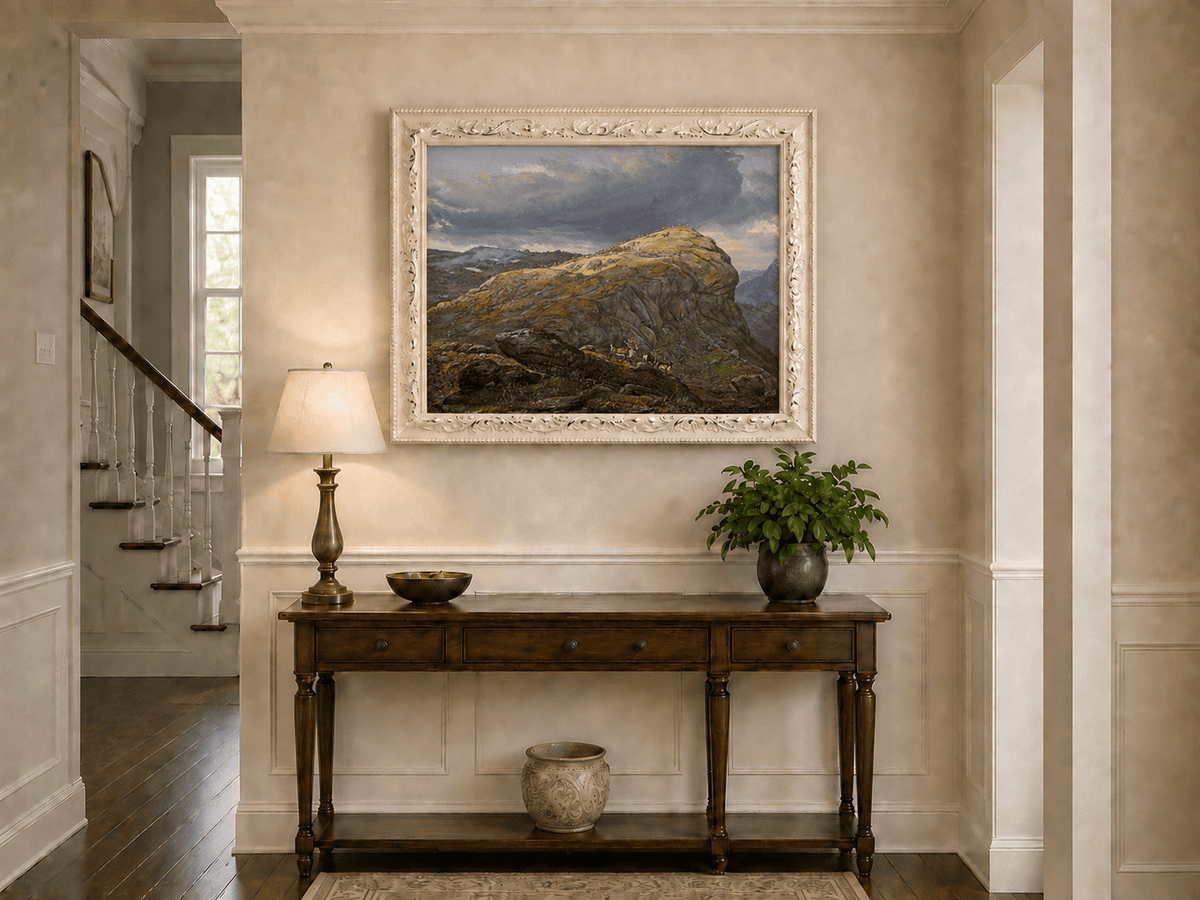 Mountain top, reindeer and dramatic sky hand-painted oil artwork shown as home wall decor.