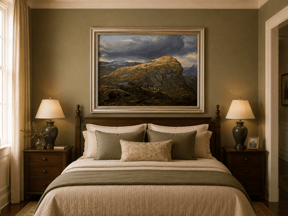 Hand-painted mountain top with reindeer and dramatic sky displayed as decorative wall art.
