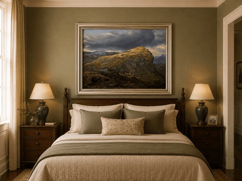 Hand-painted mountain top with reindeer and dramatic sky displayed as decorative wall art.