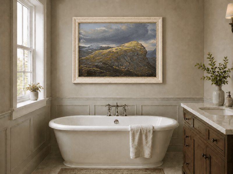 Dramatic mountain landscape oil painting presented as interior home decor.