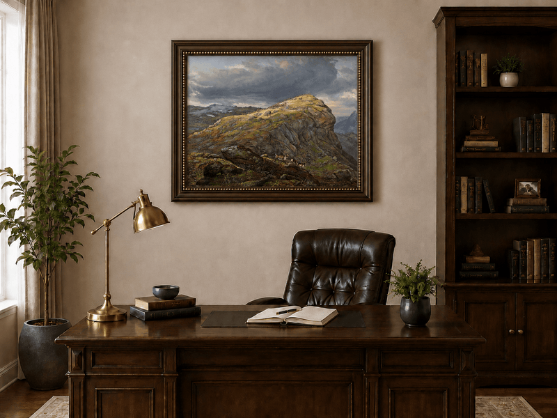 Reindeer on a mountain top beneath dramatic skies landscape oil painting presented in an interior wall art mockup.