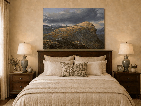 Reindeer mountain landscape oil painting displayed as wall decor.