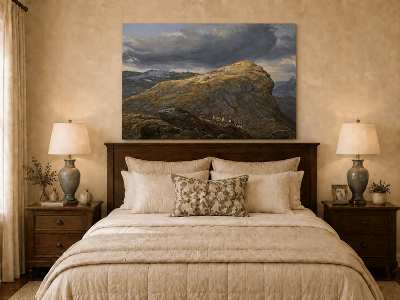 Reindeer mountain landscape oil painting displayed as wall decor.
