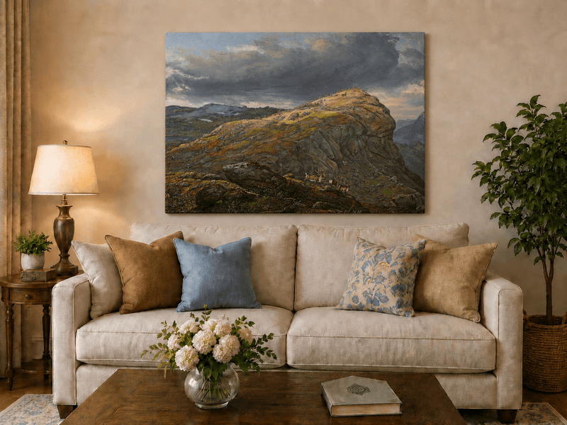 Reindeer mountain scene hand-painted oil artwork displayed in a second interior view.