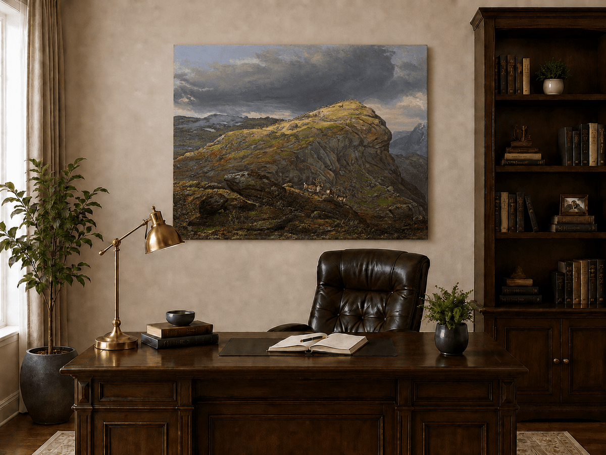Interior wall art view featuring a mountain top with reindeer and dramatic sky oil painting.