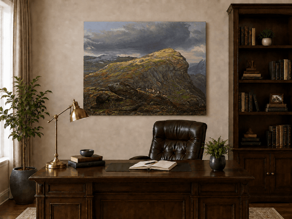 Interior wall art view featuring a mountain top with reindeer and dramatic sky oil painting.