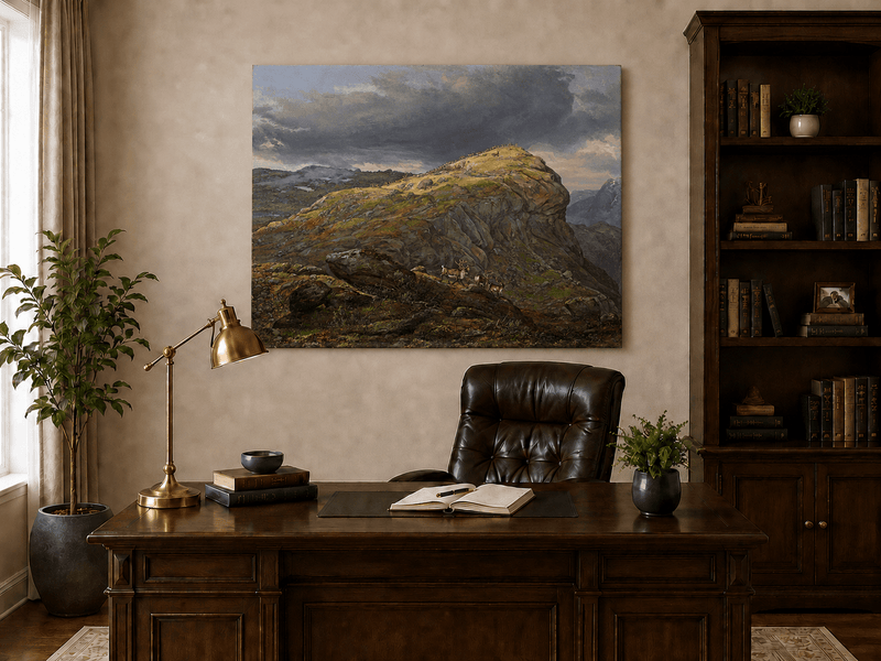 Interior wall art view featuring a mountain top with reindeer and dramatic sky oil painting.