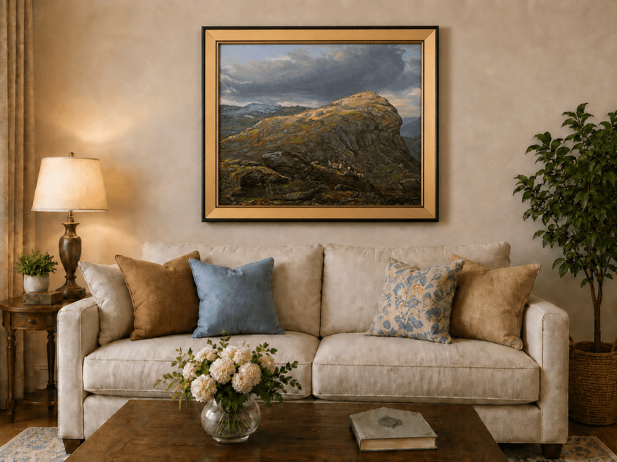 Mountain top with reindeer and dramatic sky landscape oil painting displayed in a styled home interior.