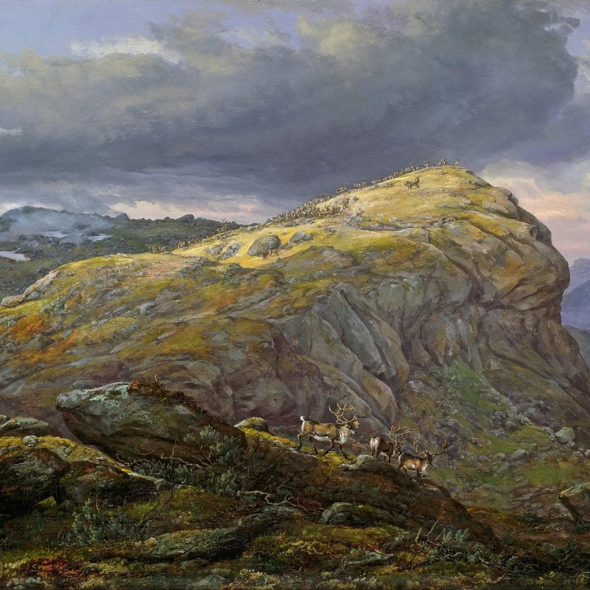 Landscape Oil Painting - Mountain Top with Reindeer and Dramatic Sky - Oil Painting Haven