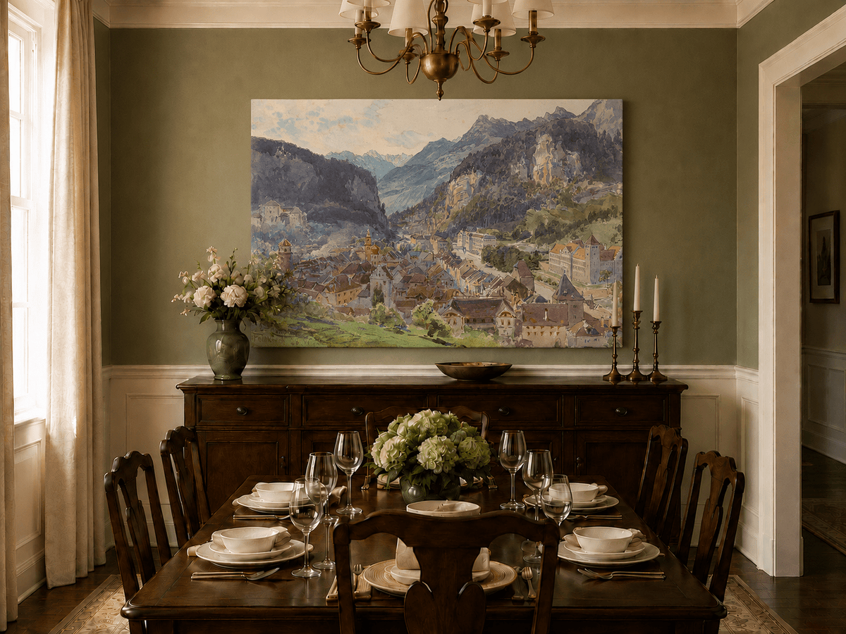 Landscape Oil Painting - Mountain Town and Castle Valley View